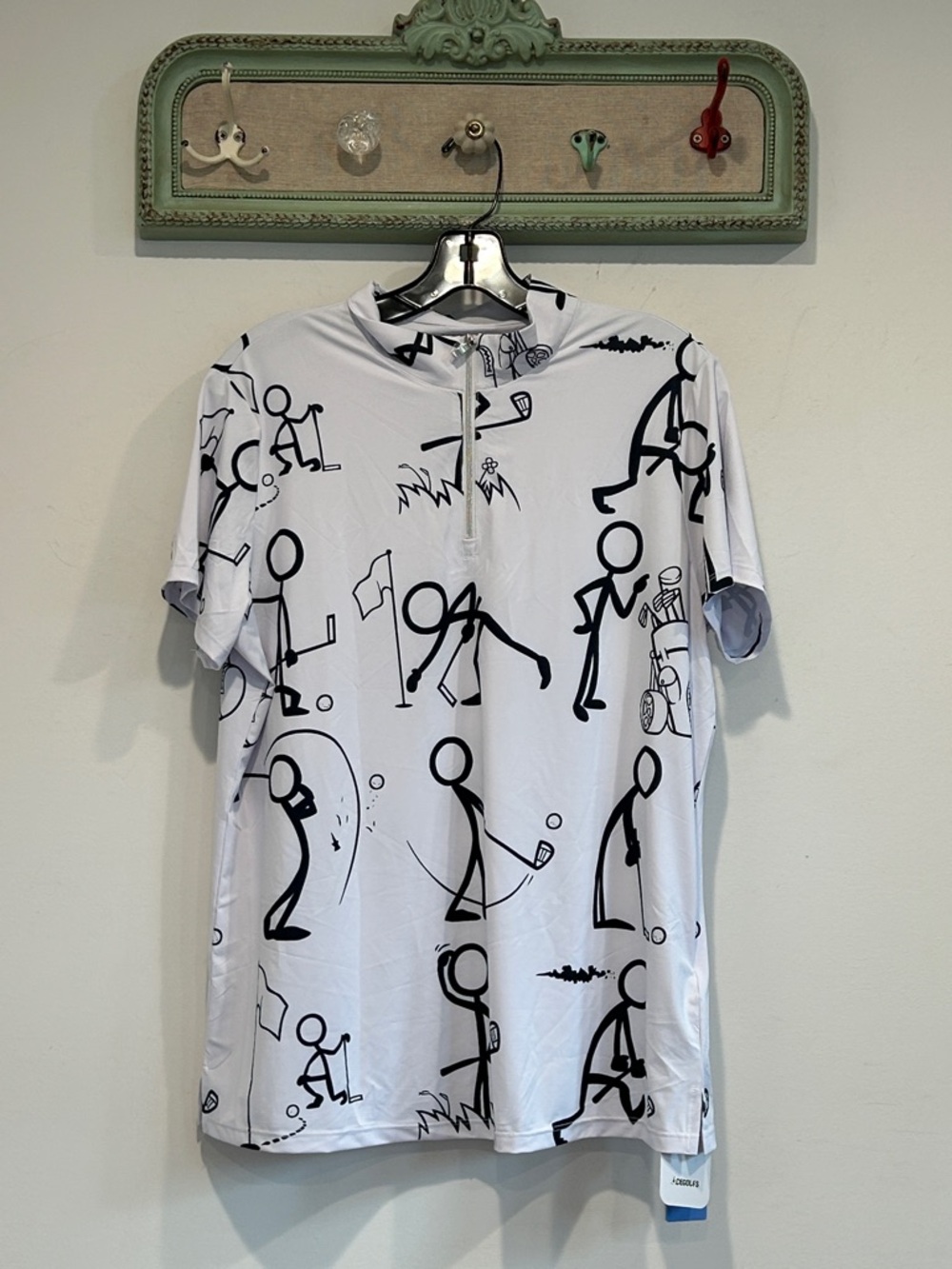 Acegolfs Men's White TEE Black Stick-Figure Golf Print quarter zip shirt xl new